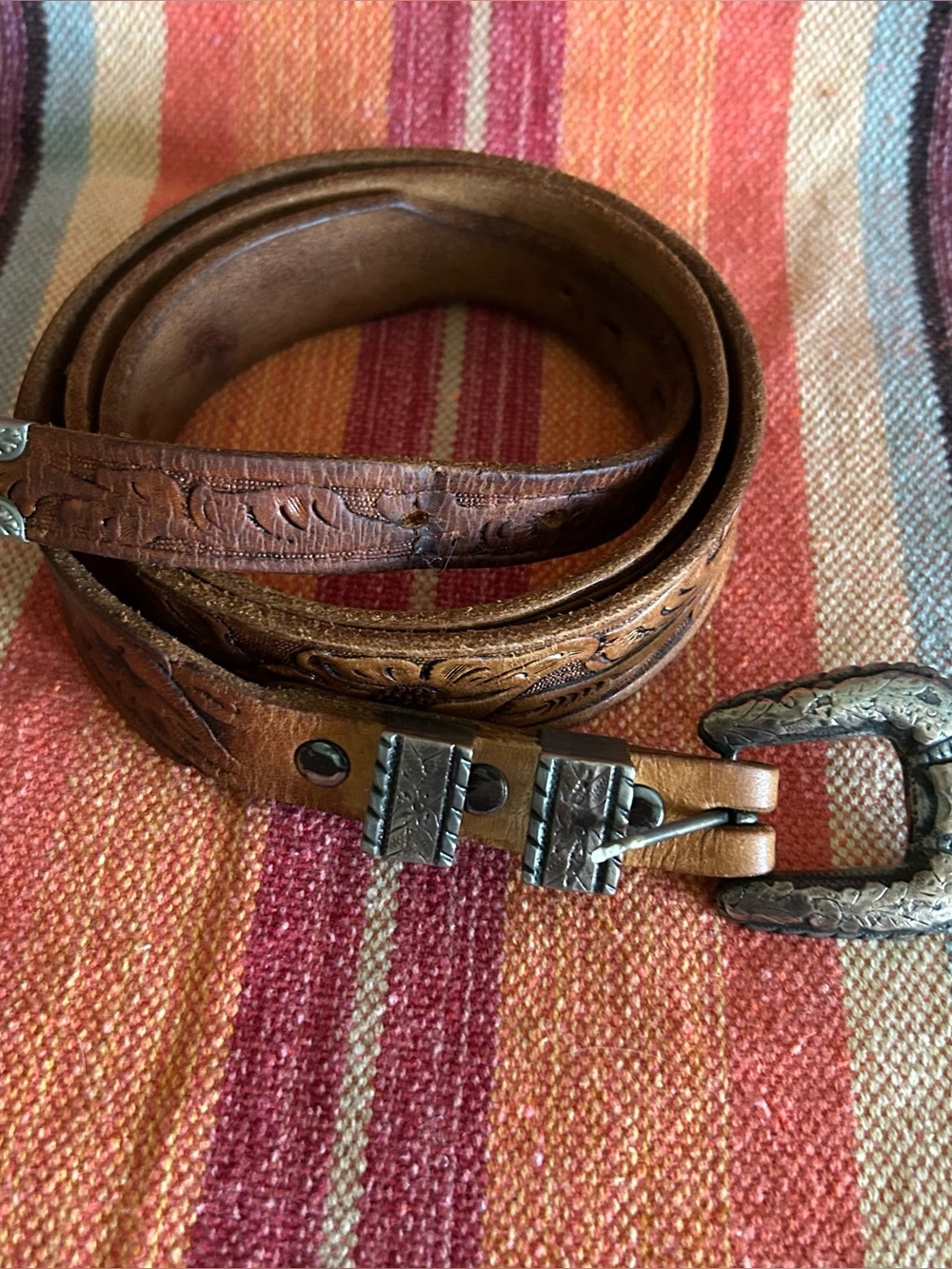 Vtg Charro HandTooled Leather Ranger Belt Sz38 Sterling Silver Mexico Buckle Set